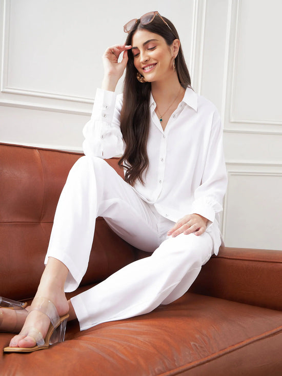 Women White Satin Shirt With Lounge Pants