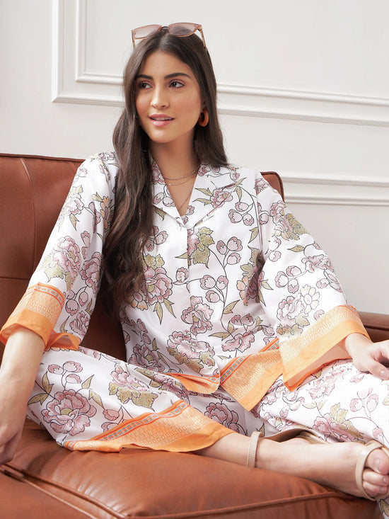 Women White & Mustard Floral Notch Collar Shirt With Lounge Pants