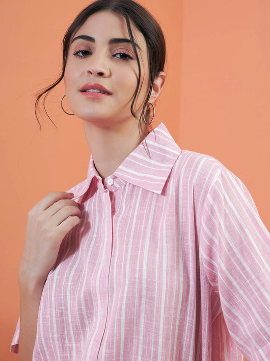 Women Pink Stripe Crop Shirt With Shorts