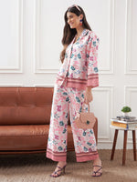 Women Off White & Mauve Floral Notch Collar Shirt With Lounge Pants