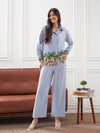 Women Blue Stripes Notch Collar Shirt With Lounge Pants