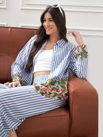 Women Blue Stripes Notch Collar Shirt With Lounge Pants