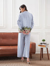 Women Blue Stripes Notch Collar Shirt With Lounge Pants