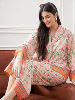 Women Peach & Green Floral Notch Collar Shirt With Lounge Pants