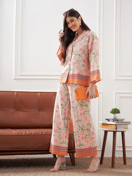 Women Peach & Green Floral Notch Collar Shirt With Lounge Pants