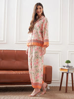 Women Peach & Green Floral Notch Collar Shirt With Lounge Pants