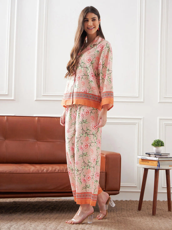 Women Peach & Green Floral Notch Collar Shirt With Lounge Pants