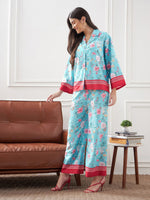 Women Turquoise & Magenta Floral Notch Collar Shirt With Lounge Pants