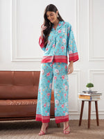 Women Turquoise & Magenta Floral Notch Collar Shirt With Lounge Pants