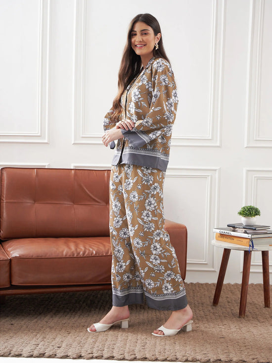 Women Brown & Grey Floral Notch Collar Shirt With Lounge Pants