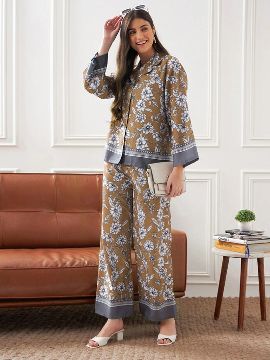 Women Brown & Grey Floral Notch Collar Shirt With Lounge Pants