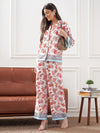 Women White & Sky Blue Tropical Notch Collar Shirt With Lounge Pants