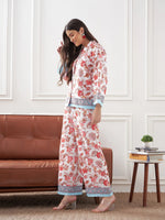 Women White & Sky Blue Tropical Notch Collar Shirt With Lounge Pants