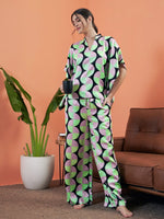 Women Black Satin Abstract Printed Kaftan Top With Lounge Pants