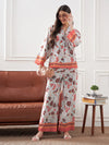 Women Pale Blue & Coral Tropical Notch Collar Shirt With Lounge Pants