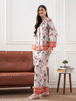 Women Pale Blue & Coral Tropical Notch Collar Shirt With Lounge Pants