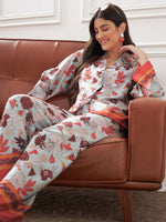 Women Pale Blue & Coral Tropical Notch Collar Shirt With Lounge Pants