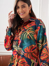 Women Orange Satin Tropical Longline Shirt With Lounge Pants