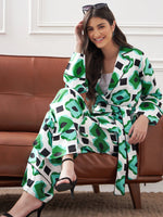 Women Green & White Satin Belted Shirt With Lounge Pants