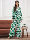 Women Green & White Satin Belted Shirt With Lounge Pants