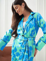 Women Blue & Green Satin Belted Shirt With Lounge Pants