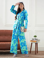 Women Blue & Green Satin Belted Shirt With Lounge Pants