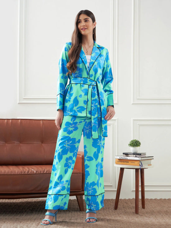 Women Blue & Green Satin Belted Shirt With Lounge Pants