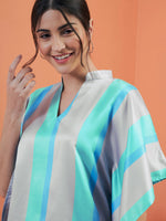 Women Sea Green Satin Stripe Kaftan Top With Lounge Pants