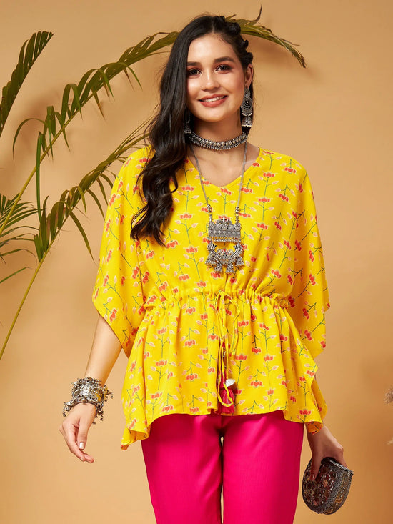 Women Yellow Floral Short Kaftan Top