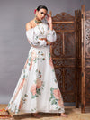 Women White Floral One Shoulder Crop Top With Anarkali Skirt