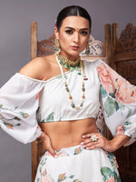 Women White Floral One Shoulder Crop Top With Anarkali Skirt