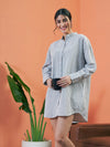 Women Grey Stripes Seersucker Shirt Dress