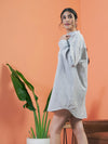 Women Grey Stripes Seersucker Shirt Dress