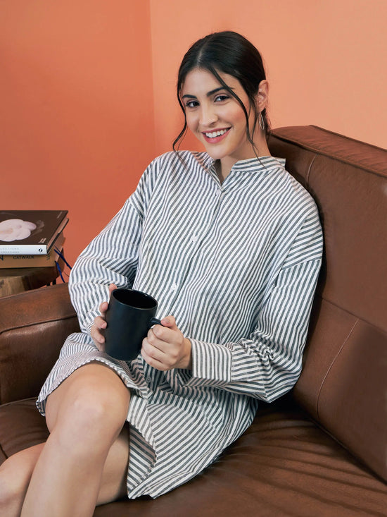 Women Grey Stripes Seersucker Shirt Dress