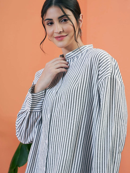 Women Grey Stripes Seersucker Shirt Dress