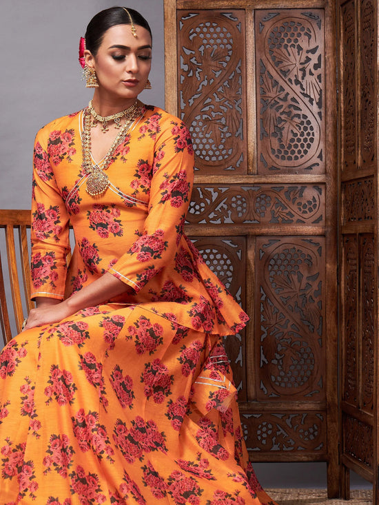 Women Mustard Floral Peplum Top With Anarkali Skirt