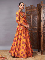 Women Mustard Floral Peplum Top With Anarkali Skirt