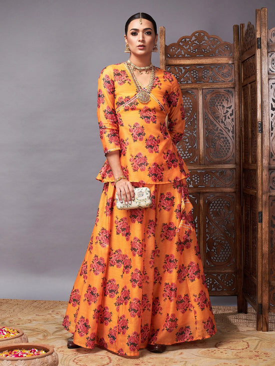 Women Mustard Floral Peplum Top With Anarkali Skirt