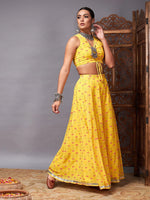 Women Yellow Ruched Crop With Pocket Anarkali Skirt