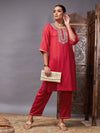 Women Red Gota Embroidered Kurta With Pants