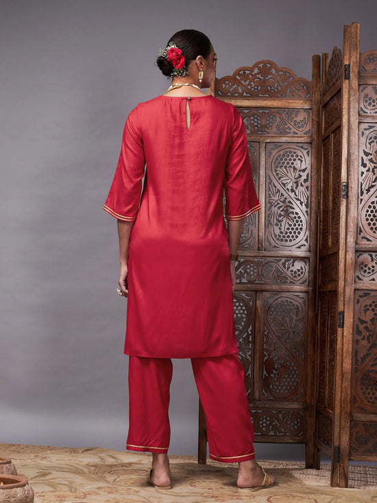 Women Red Gota Embroidered Kurta With Pants