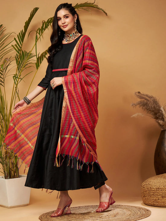 Women Black Anarkali Kurta Set With Red Striped Dupatta