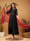 Women Black Anarkali Kurta Set With Red Striped Dupatta