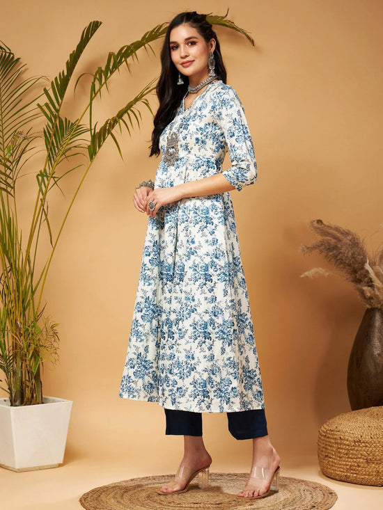 Women Blue Floral Anarkali Kurta With Pants