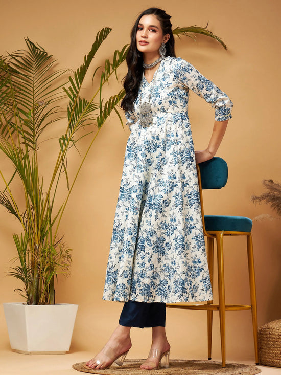 Women Blue Floral Anarkali Kurta With Pants