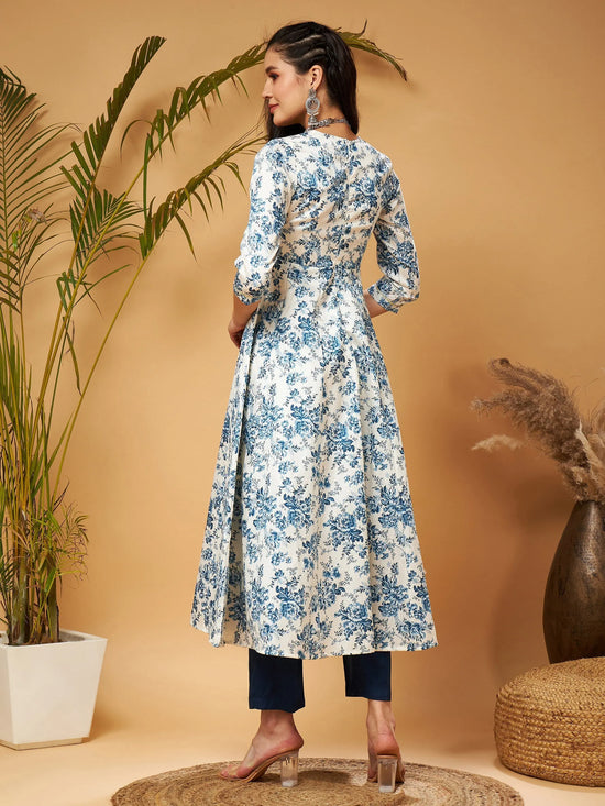 Women Blue Floral Anarkali Kurta With Pants