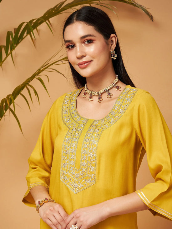 Women Yellow Gota Embroidered Kurta With Pants