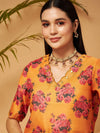 Women Mustard Emb Floral Short Kurta With Flared Palazzos