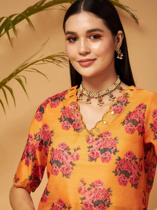 Women Mustard Emb Floral Short Kurta With Flared Palazzos