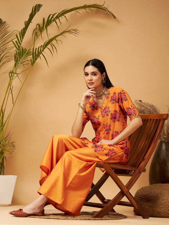 Women Mustard Emb Floral Short Kurta With Flared Palazzos